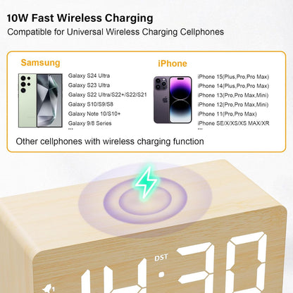 Wood Digital Alarm Clock with 10W Fast Wireless Charger, USB Charging Ports, DST, Dimmable, Snooze, Large Number LED Display for Bedrooms, Desk, Living Room Table, Bedside, Nightstand (Bamboo)