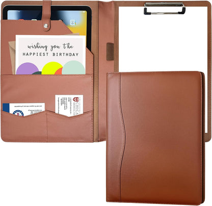 Portfolio Folder Padfolio with A4 Clipboard, PU Leather Portfolio Clipboard Business Binder Writing Clip Board Organizer for Legal Documents Business Card Men Women Brwon