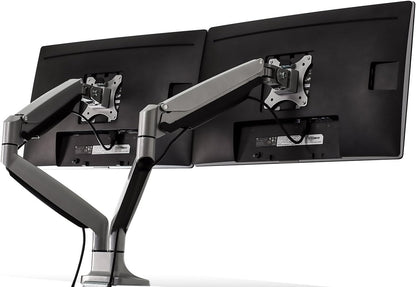 Mount-It! (MI-1772) Dual Monitor Arm Mount Desk Stand Two Articulating Gas Spring Height Adjustable Arms | Fits Up To 32" VESA 75 100 Compatible Screens | C-Clamp and Grommet Bases (Silver)