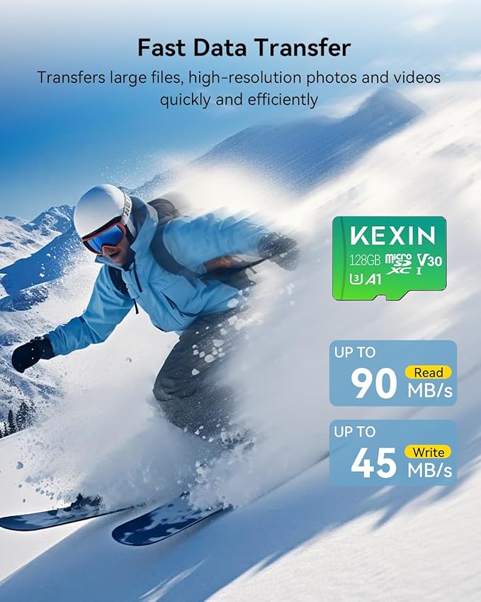 KEXIN 128GB Micro SD Card with Adapter - Up to 90MB/s 4K, V30, A1, C10, 4K UHD High Speed microSDXC UHS-I Memory Card Compatible with Action Camera Drone Game Console Smartphone Tablet,128G,Single