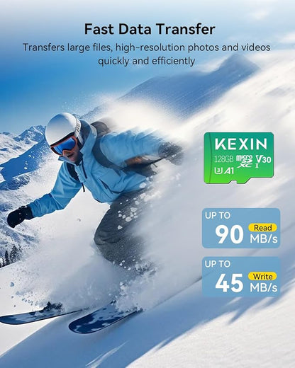 KEXIN 128GB Micro SD Card with Adapter - Up to 90MB/s 4K, V30, A1, C10, 4K UHD High Speed microSDXC UHS-I Memory Card Compatible with Action Camera Drone Game Console Smartphone Tablet,128G,Single
