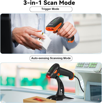 Alacrity 2D 1D Wireless Barcode Scanner with Stand, 3-in-1 Connectivity Bluetooth 2.4G Wireless USB Wired, Barcode Reader with Hands-Free Mode and Vibration Alert, Blue