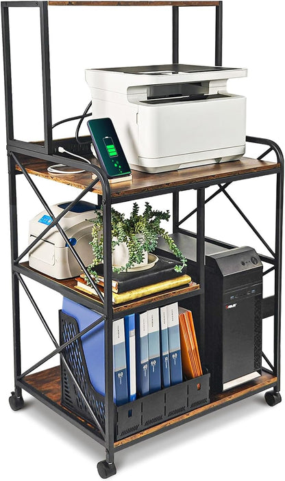 Printer Stand, Large Printer Stand with Storage, 23 x 18 Inch Printer Table for Home Office, 4 Tier Home Printer Cart with Wheels & Socket, Computer Tower Stand, Vintage Brown