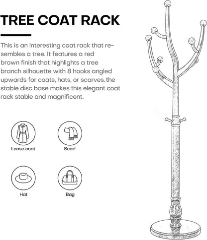 Tree Coat Rack Freestanding with Round Base, Unique Coat Hanger Stand, Heavy Duty Standing Coat Rack Clothes Stand for Winter Jacket, Hat, Entryway/Hallway/Bedroom, Red Brown