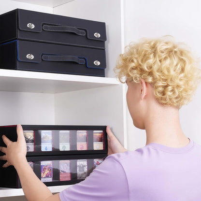 Trading Card Storage Box with Commander Display, 5 Row Magic Card Box with Handle & Aluminum Alloy Locking for 3900+ Unsleeved Cards Suits for MTG PTCG TCG Sports Cards (Black Purple)