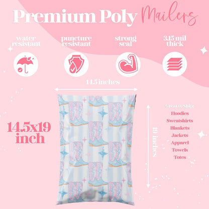6x9 Designer Poly Mailer 100 Pack Heavy Duty Waterproof Self Seal Shipping Bags for Small Business Large Mailing Envelopes Bulk Tear Resistant Packaging Cowgirl Boots Western