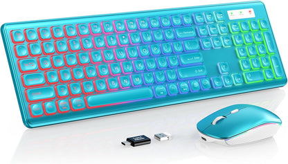 Wireless Keyboard and Mouse Combo - RGB Backlit, Rechargeable & Light Up Letters, Full-Size, Ergonomic Tilt Angle, Sleep Mode, 2.4GHz Quiet Keyboard Mouse for Mac, Windows, Laptop, PC