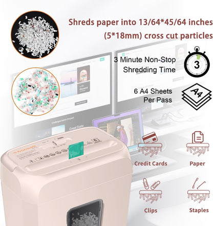 Bonsaii 6-Sheet Cross-Cut Pink Shredder, P-4 High Security Level, Compact Design for Home and Office, Shreds Paper, Credit Cards, Staples, Clips, 3-Minute Continuous Shredding, 3.4-Gal Bin