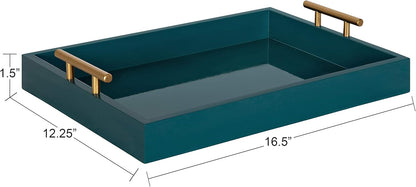Kate and Laurel Lipton Mid Century Modern Decorative Wood Tray with Brushed Gold Metal Handles, Dark Teal