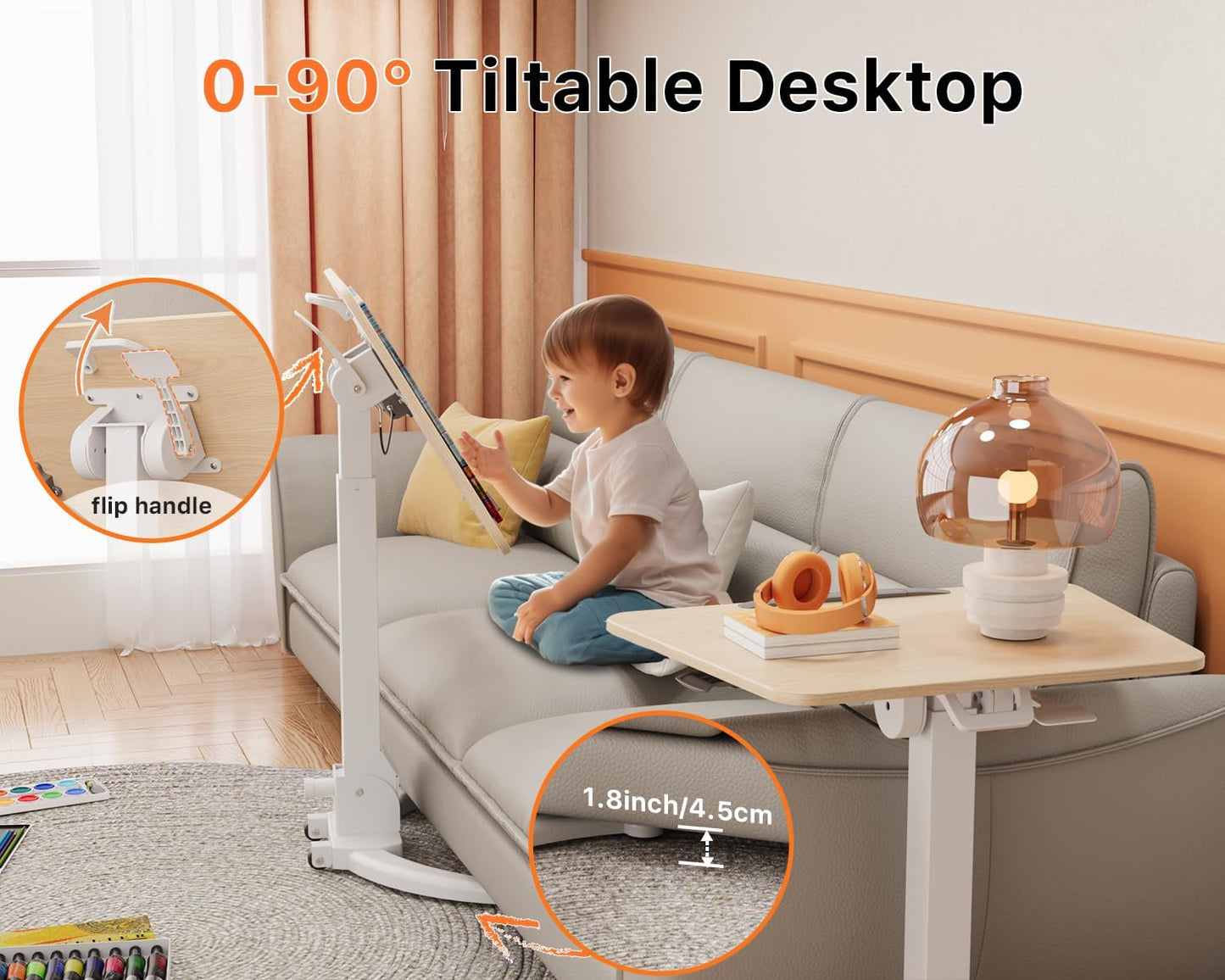 JOY worker Foldable Mobile Standing Desk, Pneumatic Height Adjustable Sit Stand Desk, 90° Tiltable Rolling Laptop Desk, Portable Cart with Wheels Non-Slip Mat for Home Office, Holds Up to 22lbs