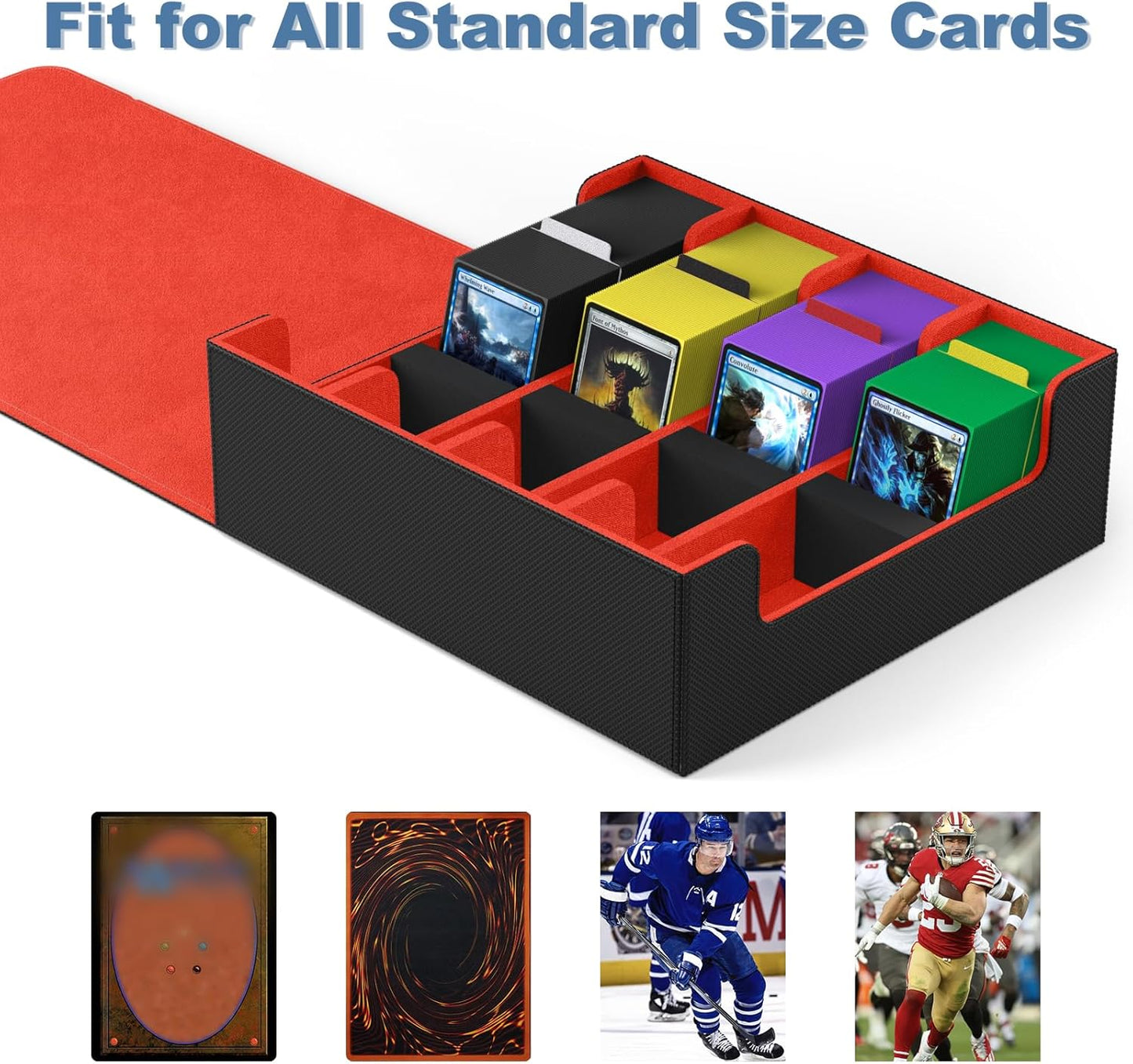 Mlikero Card Deck Case, 2400+ Trading Card Storage Box with 10 Colorful Dividers and 4 Foam Stoppers, Leather Magnetic Closure Commander Deck Box Fit for MTG, TCG (4 Rows, Black&Red)
