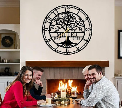Personalized Tree of Life Large Wall Clock, Custom Wall Clock with Family Last Name and Established Date, Silent Metal Clocks, Regular Numerals Clock, Housewarming Gift