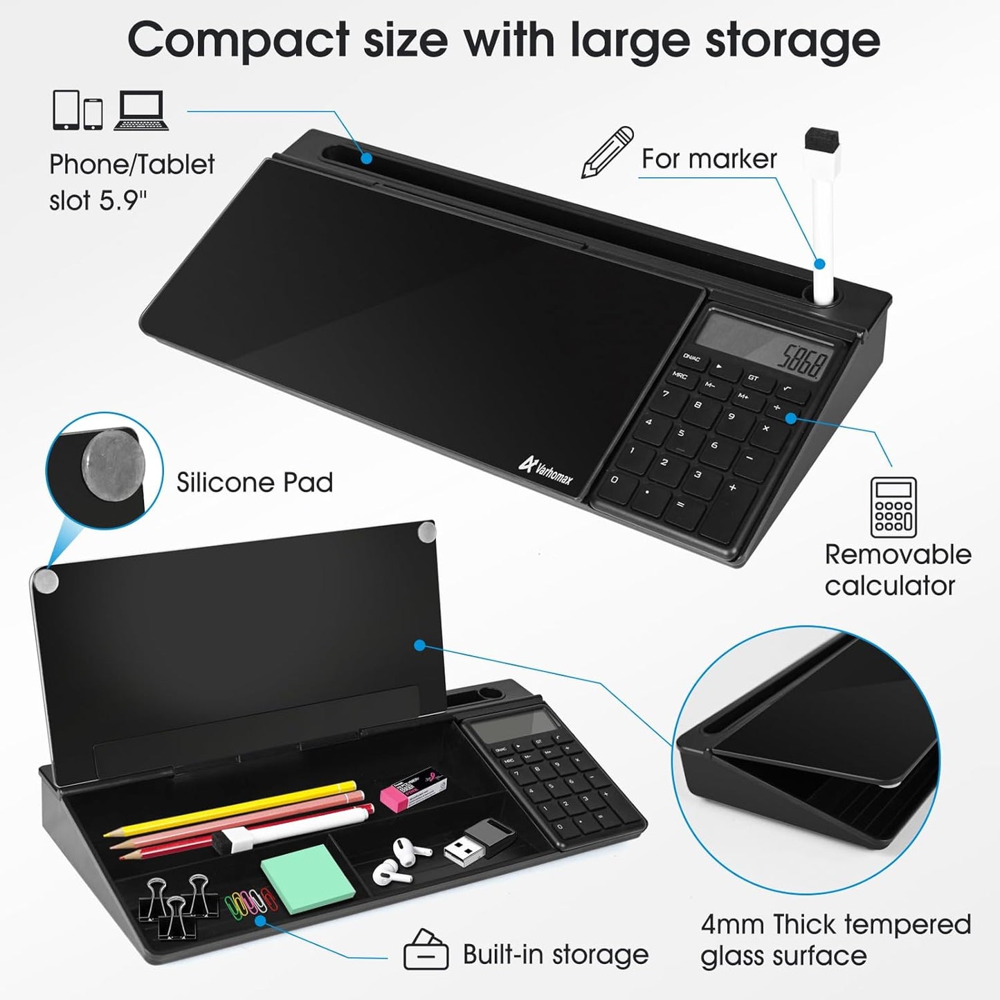 Varhomax Glass Desk Whiteboard Black with Calculator, Desktop Dry Erase White Board with Storage, to Do List Memo Notepad for Home and Office