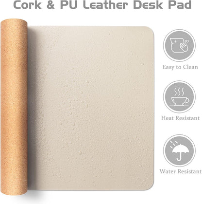 Aothia Dual-Sided Desk Mat - Natural Cork & Leather Desk Protector, Large Mouse Pad, Waterproof Blotter, Writing Pad for Office/Home, Beige (25.6"x13.7")