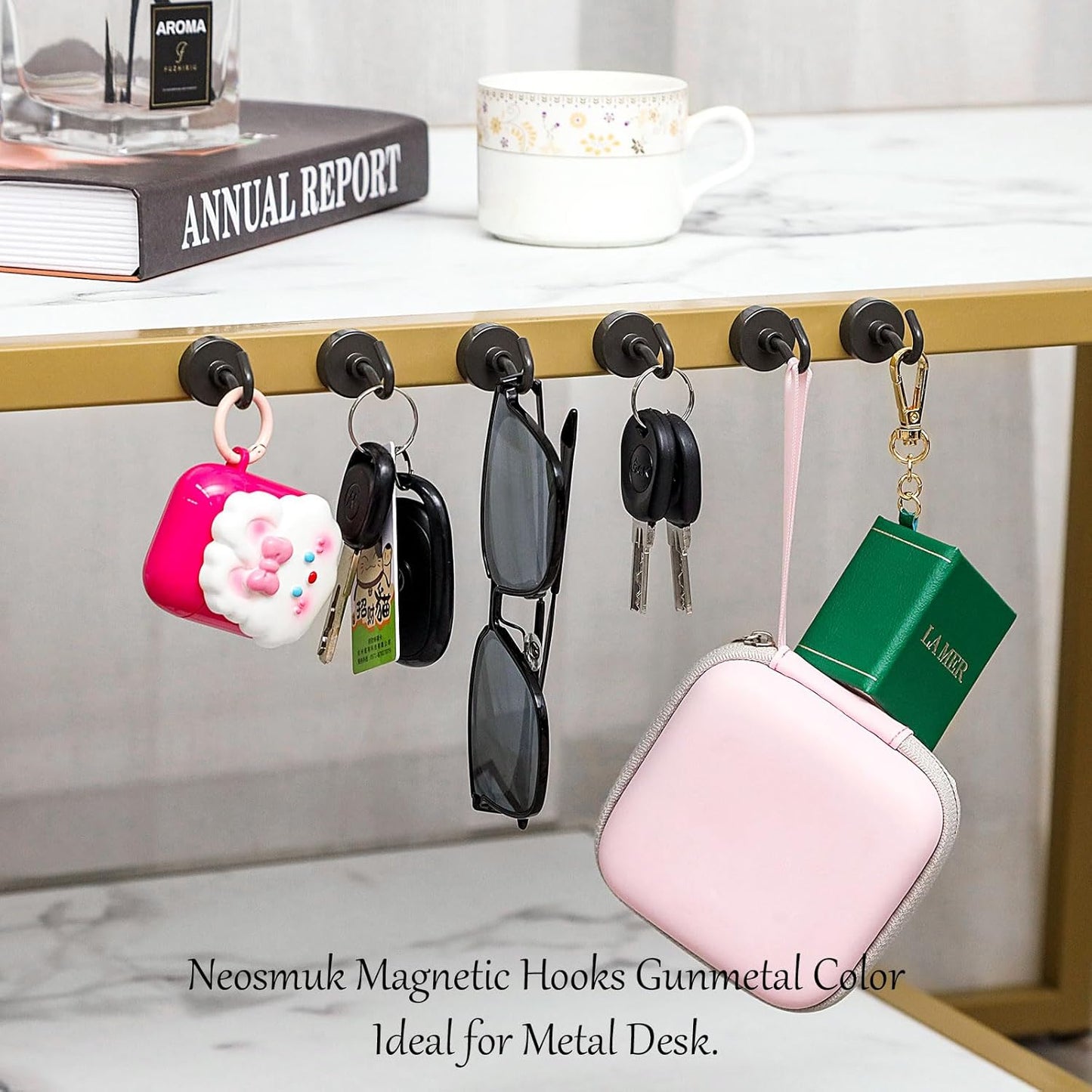 Neosmuk Magnetic Hooks, 40lb Heavy Duty Earth Magnets with Hook for Refrigerator, Extra Strong Cruise Hook for Hanging, Magnetic Hanger for Cabins, Grill (Gunmetal, Pack of 4)
