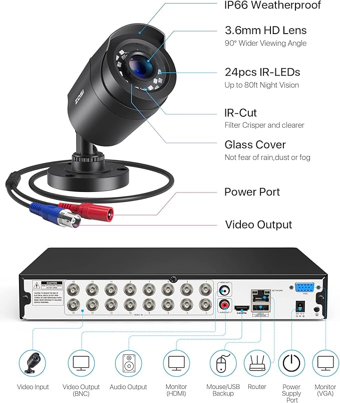 ZOSI 3K Lite 16CH Security Camera System Indoor Outdoor,AI Human/Vehicle Detection,16pcs 1080P 2MP Surveillance Bullet Cameras,Night Vision,16 Channel H.265+ 1080p DVR with 2TB HDD for 24/7 Recording