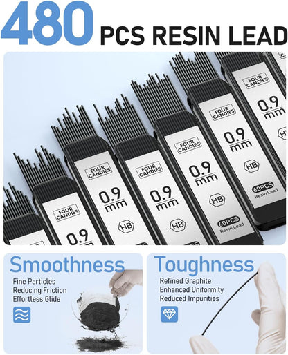 Four Candies 0.9mm Mechanical Pencil Set with Case, 3PCS Metal Artist Lead Pencil with 8 Tubes (480PCS) HB Lead Refills, 3 Erasers, 9 Eraser Refills For Engineer Art Writing Drafting, Black