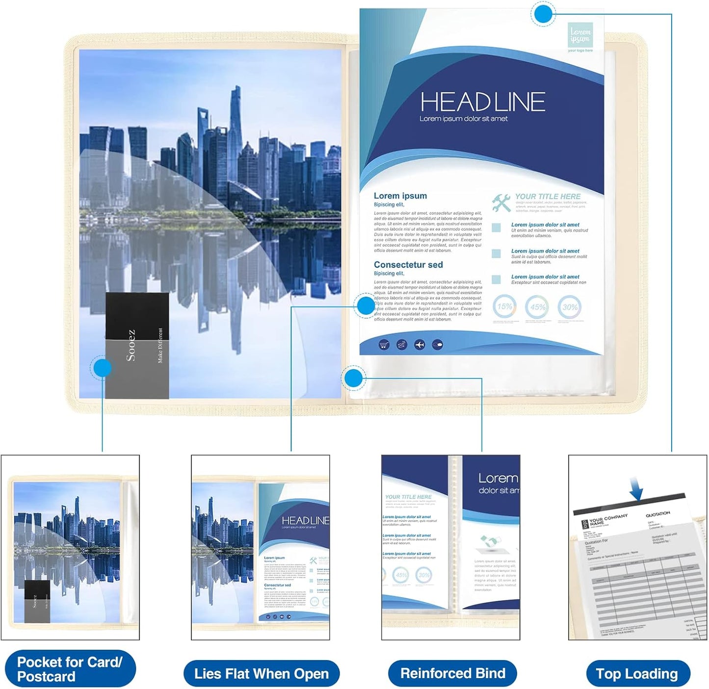 Sooez 30-Pocket Binder with Plastic Sleeves 8.5x11 (Ivory), Heavy Duty Art Portfolio Folder with Clear Sheet Protectors, Display 60 Pages, Presentation Book for Artwork, Document Organizer Binder