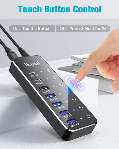 Powered USB Hub, ikuai 7-Port USB 3.2 / USB C Hub, with 3 10Gbps Data Ports (2 USB-C + 1 USB-A) and 4 USB A 3.0 Ports for PC Laptops