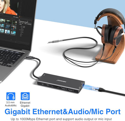 USB C Docking Station Dual Monitor for Dell/HP/Lenovo/Surface Laptop, 14 in 1 Triple Display Hub Multiple Adapter, Dongle with 2 HDMI 4K VGA 5 Port 100W PD Charger Ethernet SD/TF Audio(Black)
