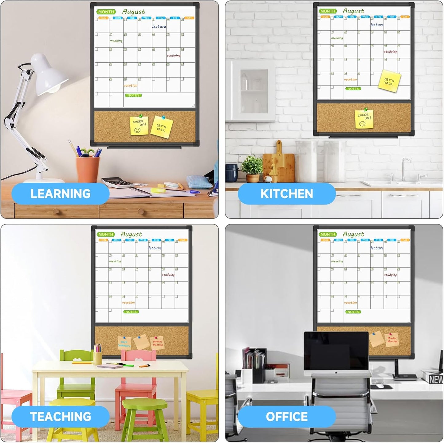 JILoffice Magnetic Calendar Whiteboard & Bulletin Corkboard Combination, Combo Board 20 x 28 Inch, Black Aluminum Frame Wall Mounted Board for Office Home and School with 10 Push Pins