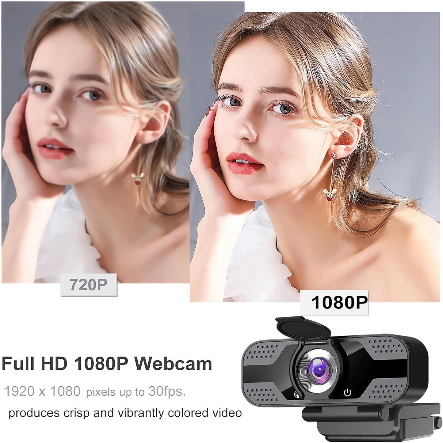 Full HD 1080p Webcam with Privacy Shutter and Tripod, Video and Wide Angle Camera, Built-in Mic, Widescreen USB Computer Camera for Laptop Desktop