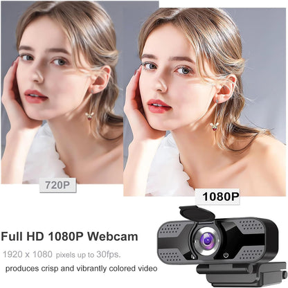 Full HD 1080p Webcam with Privacy Shutter and Tripod, Video and Wide Angle Camera, Built-in Mic, Widescreen USB Computer Camera for Laptop Desktop