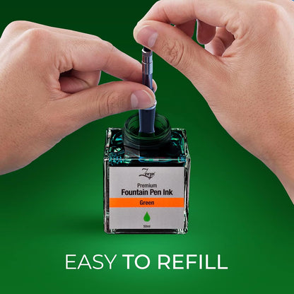 ZenZoi Fountain Pen Ink Bottle 50ml | Premium Designed Bottled Ink for Fountain Pens – Suitable for Calligraphy and All Branded Pens | Quick Drying and Smooth Flow Writing Experience (Green)