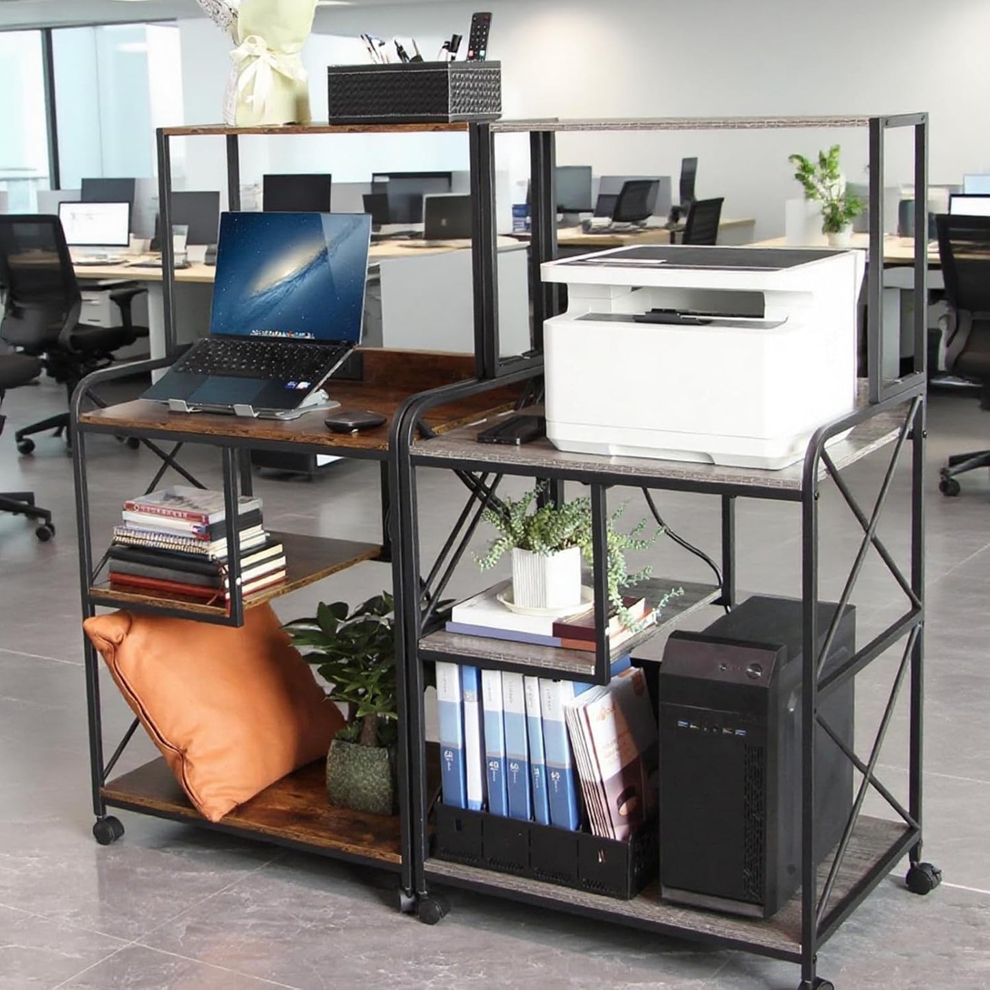 Printer Stand, 23 x 18 Inch Printer Table for Home Office, Large Printer Stand with Storage, 4 Tier Modern Home Printer Cart with Wheels & Socket, Computer Tower Stand CPU Stand, Grey