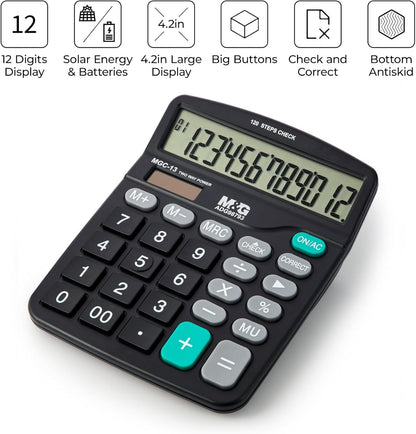 M&G Desk Calculator 12 Digit Office Calculators with Check & Correct, Dual Solar Power and Battery, Large LCD Display Business Calculator with Big Buttons Black
