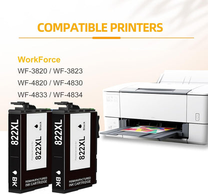 Remanufactured Ink Cartridges Replacement for Epson 822 822XL Ink Cartridges for Workforce Pro WF-3823 WF-4833 WF-4830 WF-4820 (2Black)