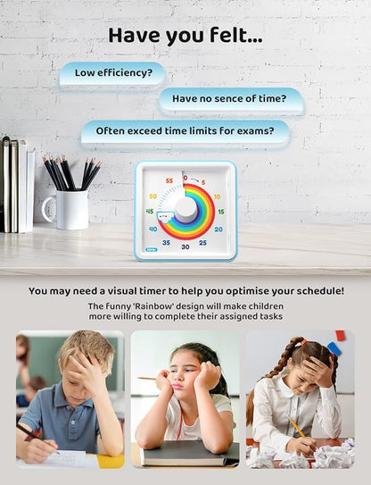 LIORQUE 60 Minute Visual Timer for Kids, Visual Countdown Timer for Classroom Office Kitchen with 'Rainbow' Pattern Design, Pomodoro Timer with Silent Operation (Batteries Included)