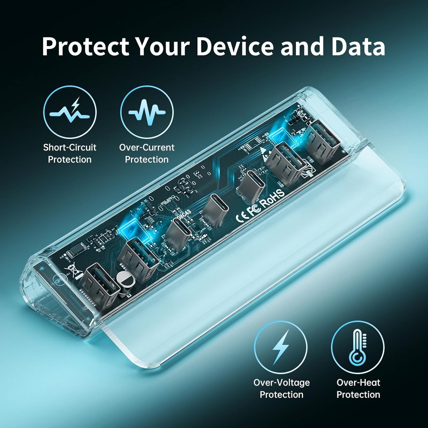 FIDECO Powered USB Hub, 7 Port USB 3.2 Gen 2, 10Gbps Fast Data Hub for iPhone 16/15 and Laptop, Aluminum USB Splitter with 5V 3A Power Adapter, 4 USB-A and 3 USB-C Ports, Support BC1.2 Charging