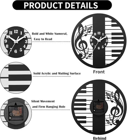 12 Inch Music Themed Wall Clock - Piano Key & Musical Note Design, Silent and Battery Operated - Perfect for Music Room, Studio Decor - Gift for Pianists, Musicians & Music Lover