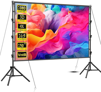 Outdoor Projector Screen with Stand, 150 inch Portable Projection Screen Wrinkle-Free 16:9 4K HD Rear Front Movie Screen with Carry Bag for Indoor Home Theater, Camping and Backyard Entertainment