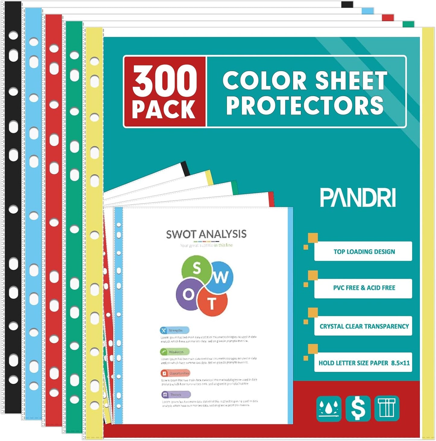 Sheet Protectors, PANDRI 300 Pack Color Heavy Duty Plastic Page Protectors Sheet Reinforced 11-Hole Fit for 3 Ring Binder Fits Standard 8.5 x 11 Paper, 9.25 x 11.25 Top Loaded, Excluding Acid