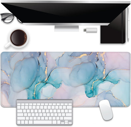 Cyan Blue Marble Desk Pad Mouse Pad,Large XL Mouse Mat with Stitched Edges,Non-Slip Rubber Base Mousepad for Office PC Keyboard Laptop and Home Work Desk Mat(27.5X11.8 in)