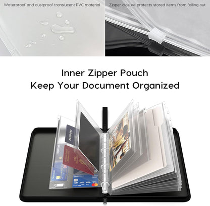 Important Document Organizer Zipper Binder,Fireproof Document Bag for Birth Certificate Protector, Waterproof Bill Organizer in Case I Go Missing Binder for Home Safe, 4 Ring Receipt Holder (Black)