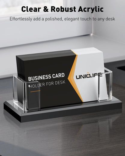 Uniclife Acrylic Business Card Holder for Desk 1 Slot Clear Horizontal Business Card Stand for Men & Women Desktop Name Card Display Stand Card Organizer for Office Home Exhibition, 60 Card Capacity