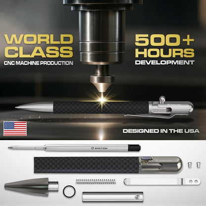 BASTION® Luxury Slim Bolt Action Pen, EDC Pen with Fine Tip, Professional Ballpoint Pen for School and Work - Carbon Fiber-Stainless Steel