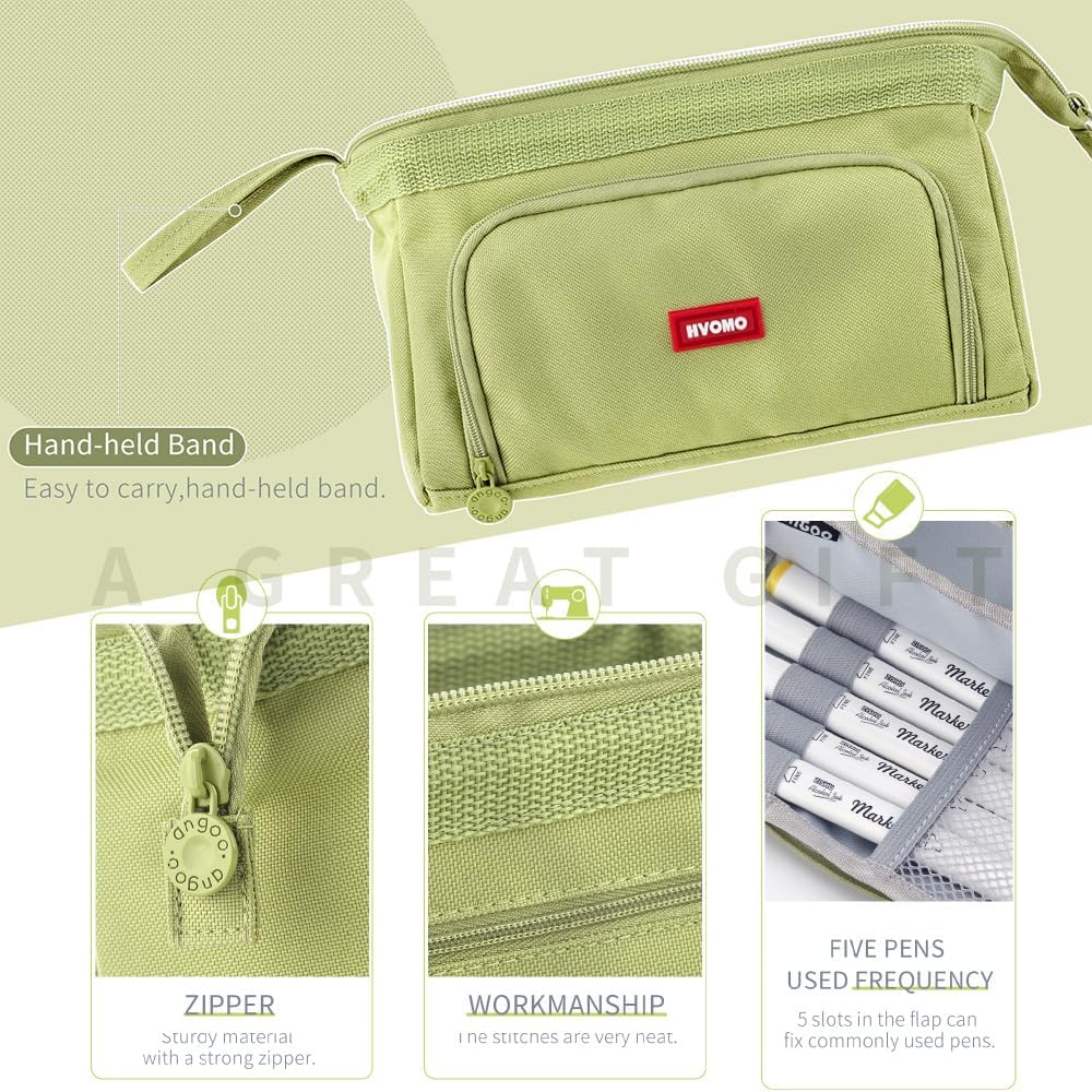 HVOMO Stationery Set,1 large-capacity pencil case,5 quick-drying pens,50 waterproof stickers,2 sticky note pads(200 sheets),1 set of 10-color index labels (200 sheets),Student stationery gift(Green)