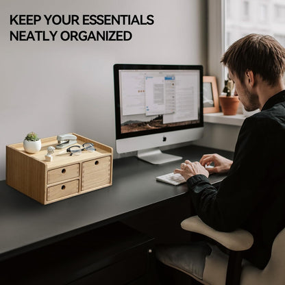 KIRIGEN Desk Organizer with 3 Drawers - Wood Drawer Storage Box with Trays for Tabletop - Workspace Office Toiletries Supplies Tool Caddy - Wooden Storage Cabinet Natural（DT1D3C-NA）