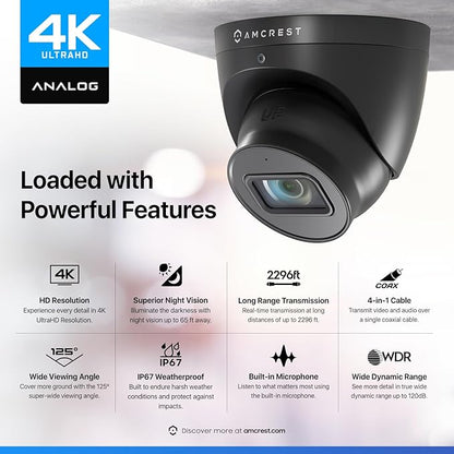 Amcrest Analog 4K Outdoor Security Camera, Turret 8MP @15fps CCTV-Coax-BNC, 98ft Night Vision, 125° Angle, Built-in Mic, Black (AMC4KDM28-B-V3), (Not an IP Camera) DVR Required, Not Included