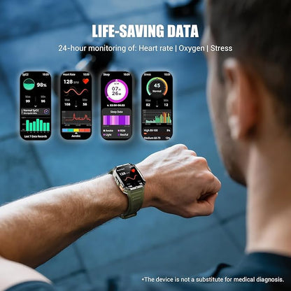 Military Smart Watches for Men，Smart Watch for Android iPhone with Large 2.01"Fitness HD Display/Flashlight/100-Day Battery/Compass/Heart Rate/120+ Sports Modes/IP68 Waterproof Smartwatch （2 Straps)