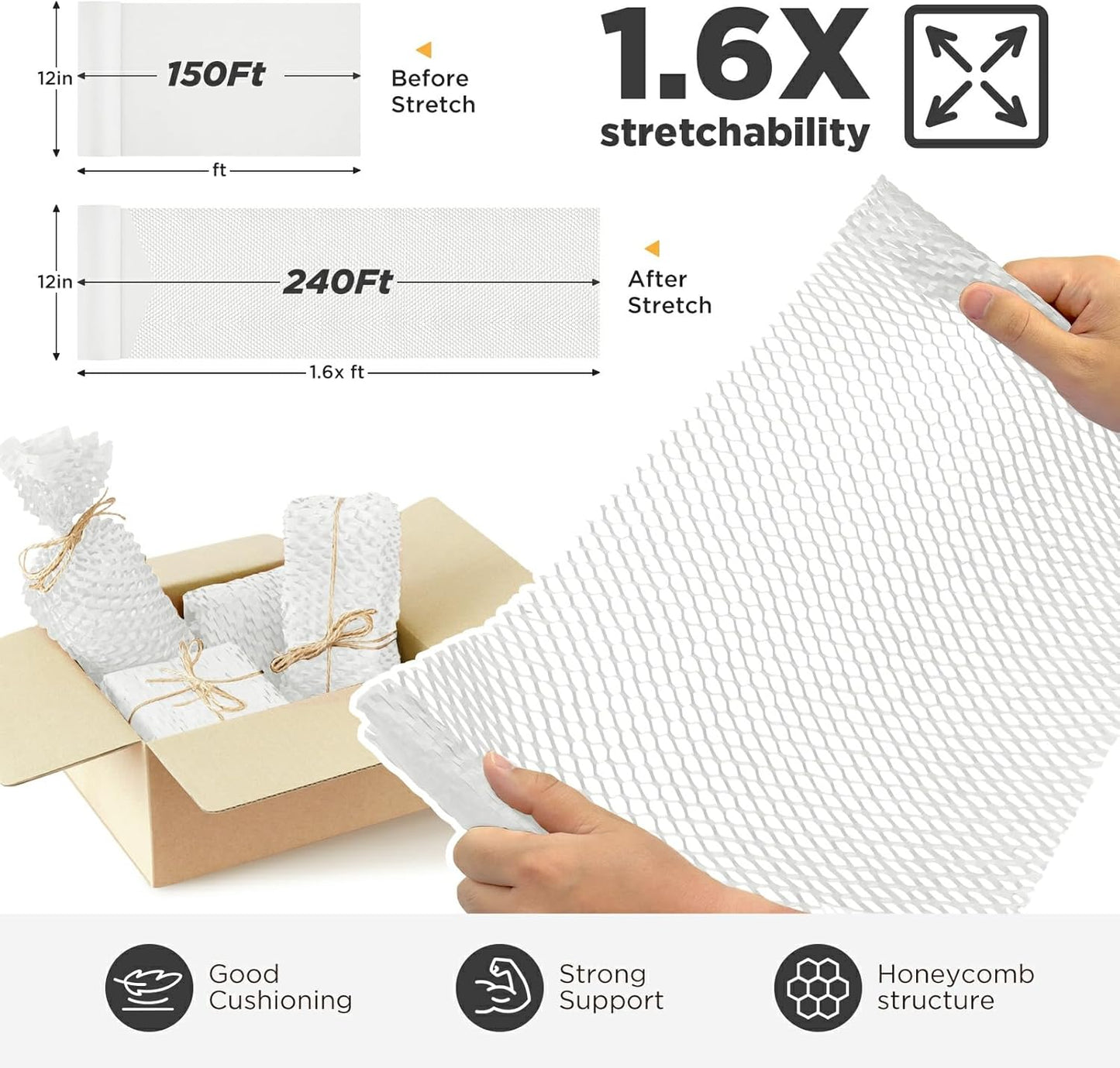 Honeycomb Packing Paper, 12"x150' White | Perforated Honeycomb Packing Paper Recyclable Moving Supplies for Shipping & Moving | Plastic-Free Alternative to Bubble Cushion Wrap with 36 Fragile Stickers