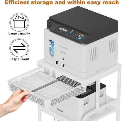 EasyCom Large 3-Tier Rolling Printer Stand with Storage Drawer & 5 Adjustable Shelves Mobile Cart with Industrial Wheels for Home Office Desk Fits 3D Printer, Scanner, and Fax White