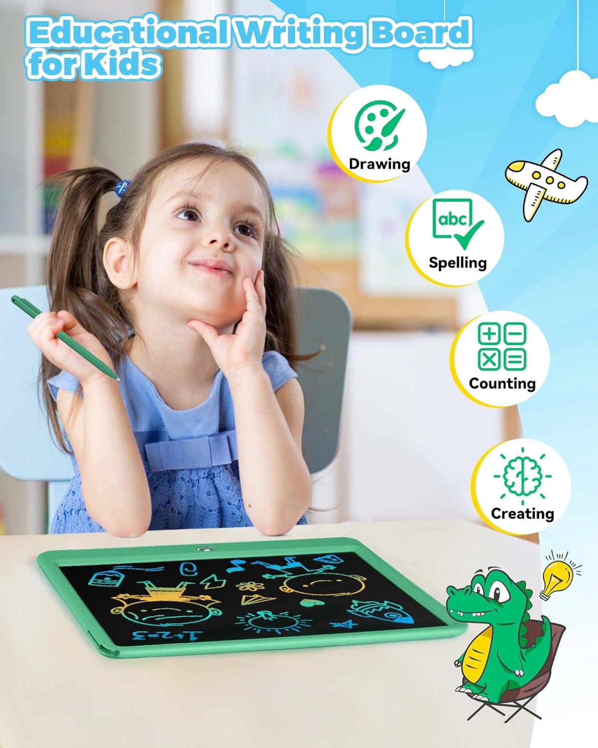 KOKODI 12 Inch LCD Writing Tablet with Anti-Lost Stylus Erasable Doodle Board Colorful Toddler Drawing Pad Car Travel School Games Toys for 3 4 5 6 7 8 Kids Birthday Gift for Girls Boys Adults Green