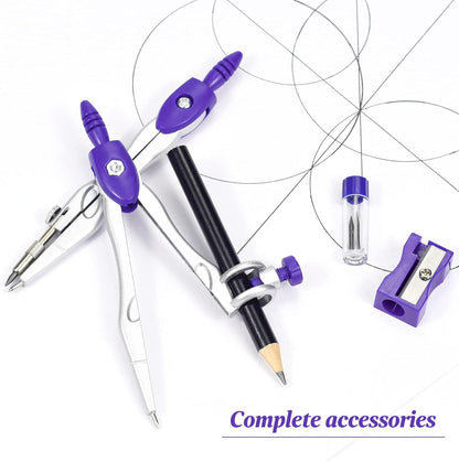Math Geometry Kit Sets 10 Piece Student Supplies with Shatterproof Storage Box,Includes Rulers,Protractor,Compass,Eraser,Pencil Sharpener,Lead Refills,Pencil,for Drafting and Drawings（Purple）
