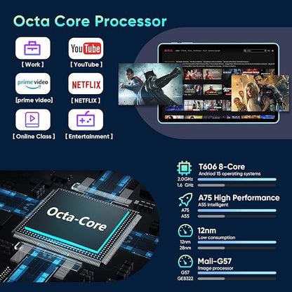 Tablet, Android 15 Tablets with 10.1 inch HD Display, 128GB Storage 1TB Expand, Octa-Core Processors, 6000mAh, Widevine L1, GPS, Dual Camera, WiFi 5, BT5.0 (Blue)