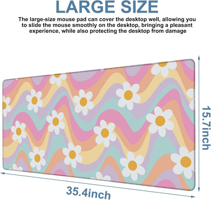 Large Mouse Pad Floral and Wavy Gaming Desk Pad Computer Keyboard Non-Slip Waterproof Mouse Mat with Rubber Base and Stitched Edges Entertainment Office Writing Desk Mat 35.4 x 15.7 Inches